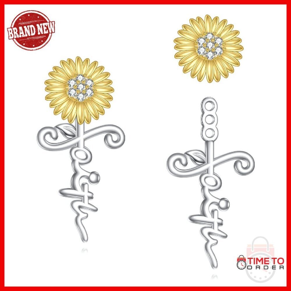 Sterling Silver Faith Cross Flower Dangle Earrings Gift Box 21mm